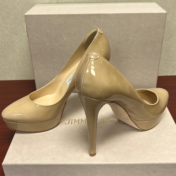 AUTHENTIC Jimmy Choo iconic Alex Platform in Glossy Nude Beige Pump Heel 38 EU - Picture 3 of 11